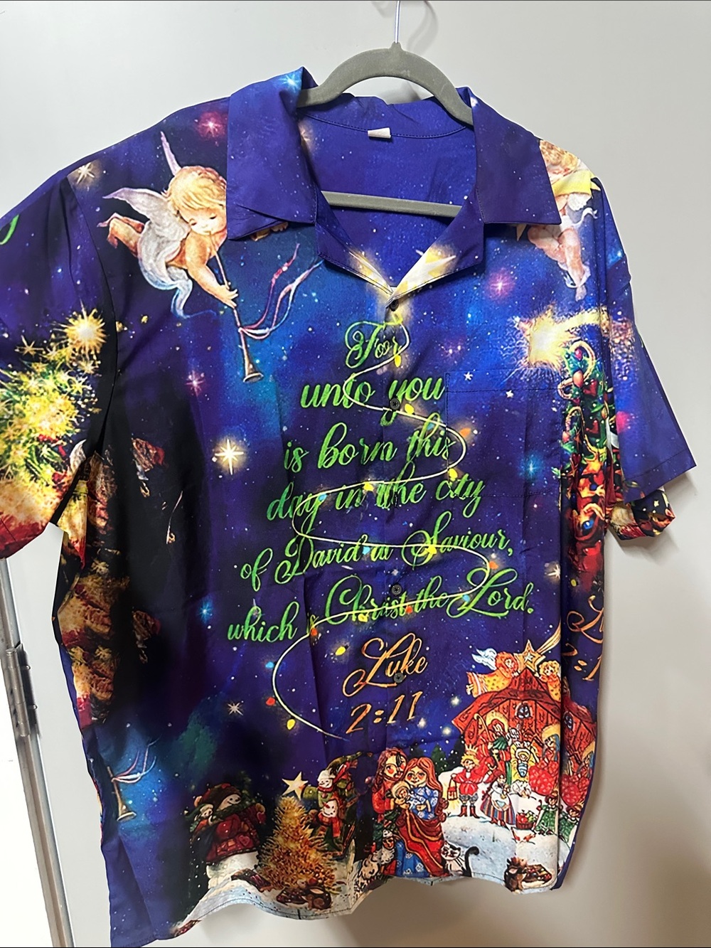 Mens Navy Christmas Button-Down Shirt with Angels & Scripture 3XL